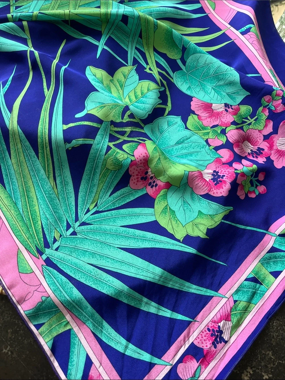 EUC beautiful vibrant, blue, and bold pink floral large scarf. 32